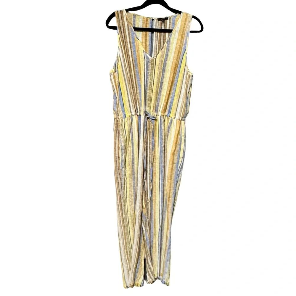 DREW | ANTHROPOLOGIE Linen Cotton Striped Wide Leg Frayed Hem Jumpsuit Medium - Picture 3 of 15